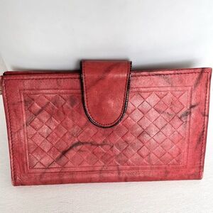 Genuine Top Grain Cowhide VTG Wallet Dark Pink Marble Kiss Clasp Coin Purse